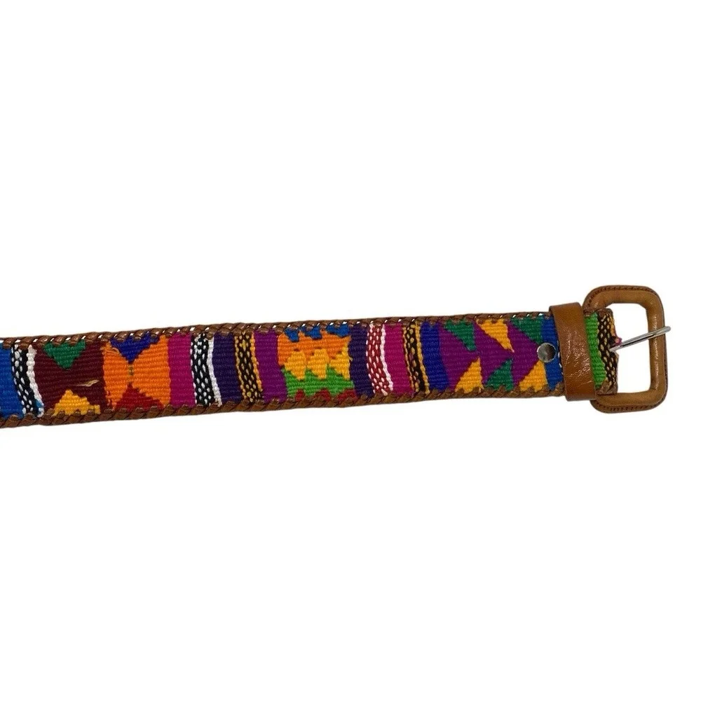 Vibrant Multicolor South Western Aztec Baja Style Belt Woven Leather Trim Sz 30